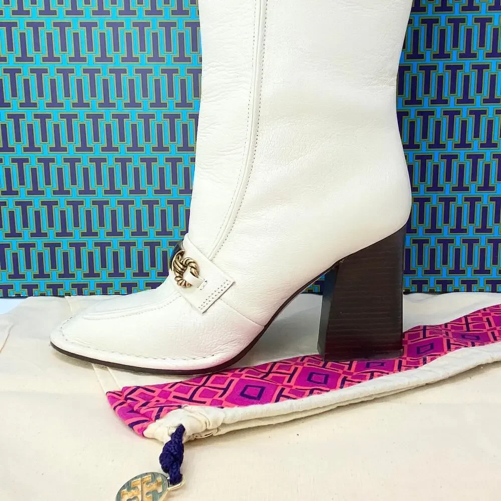 Tory Burch Logo Boots Tall Ivory Genuine Leather Knee High Size 6 Box Bag Incl